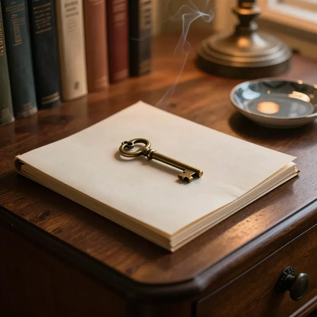 Antique key, closed cream folder and slate dish on a walnut side table at dusk