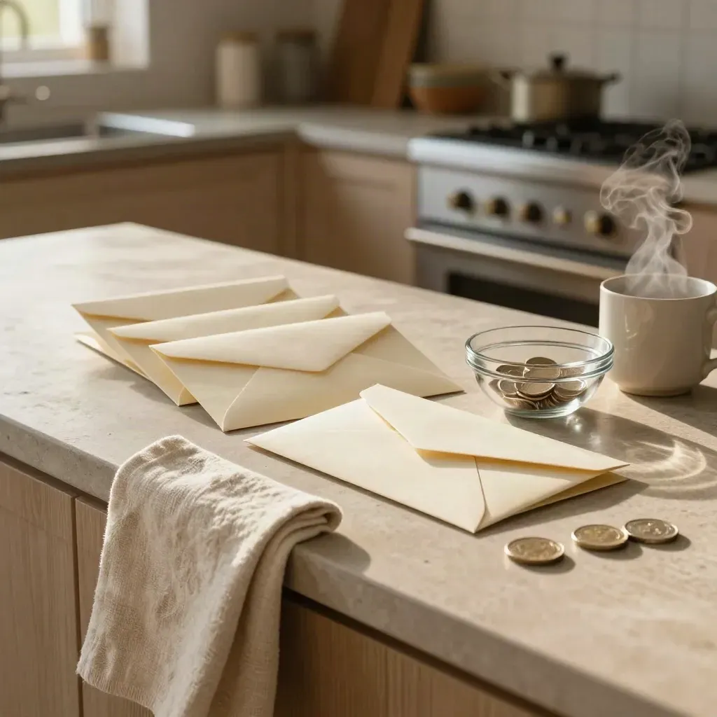 Cream savings envelopes, coin bowl and steaming tea on a stone kitchen island in late sun.