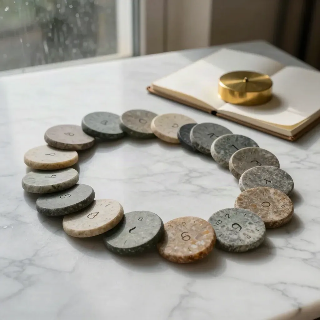 Marble cash flow planning still life with stone discs, closed notebook, and brass paperweight in warm window light.