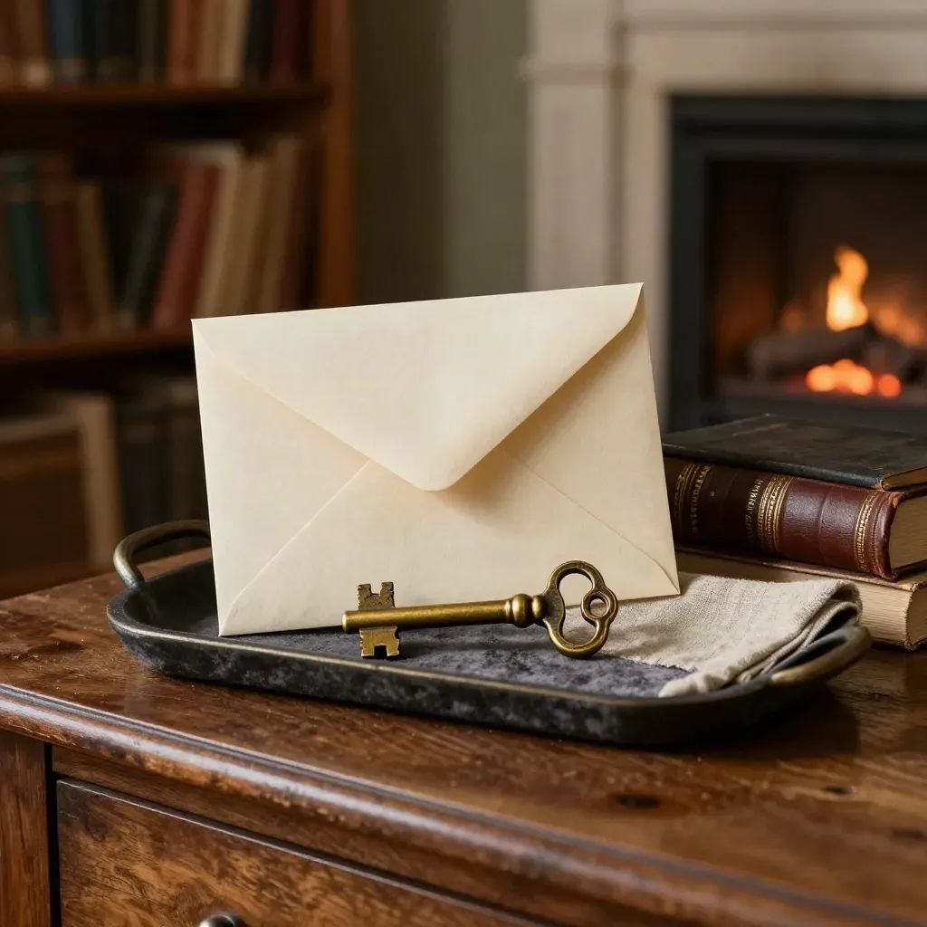 Brass key, sealed envelope and folded linen on a walnut sideboard in a book-lined room.