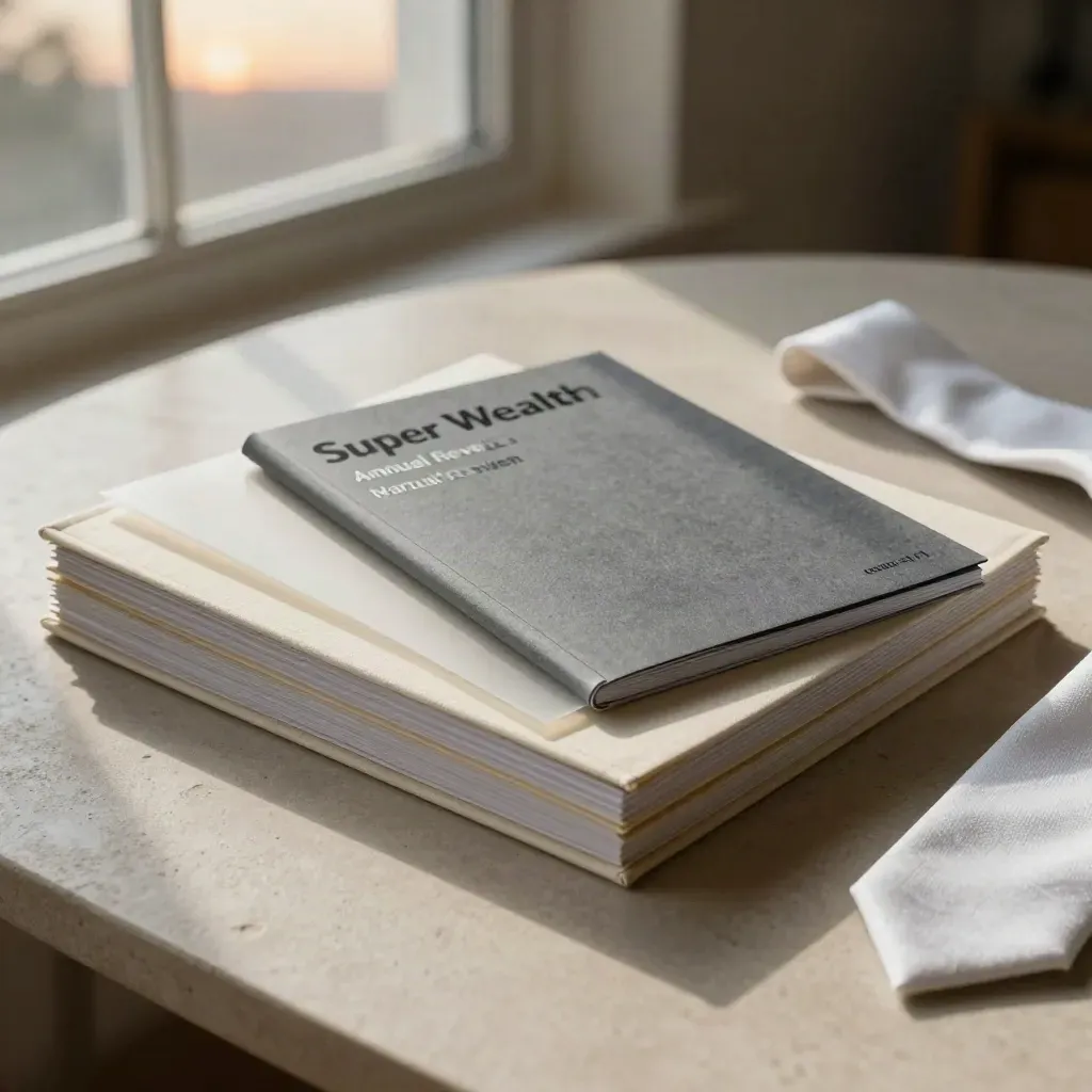 Annual review folders stacked on a pale stone table by a window at dusk.