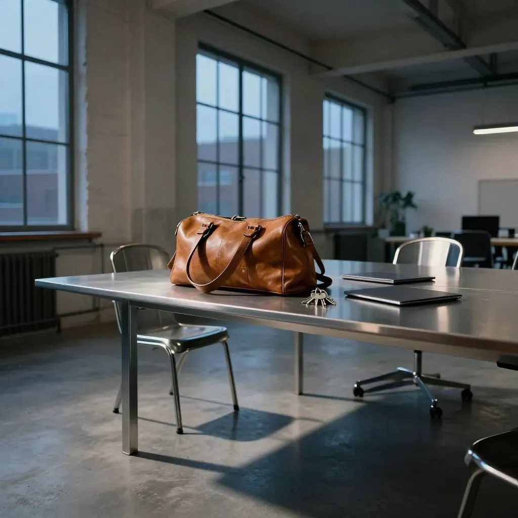 Industrial office with bag, keys, laptop and steel chair in blue-hour light.