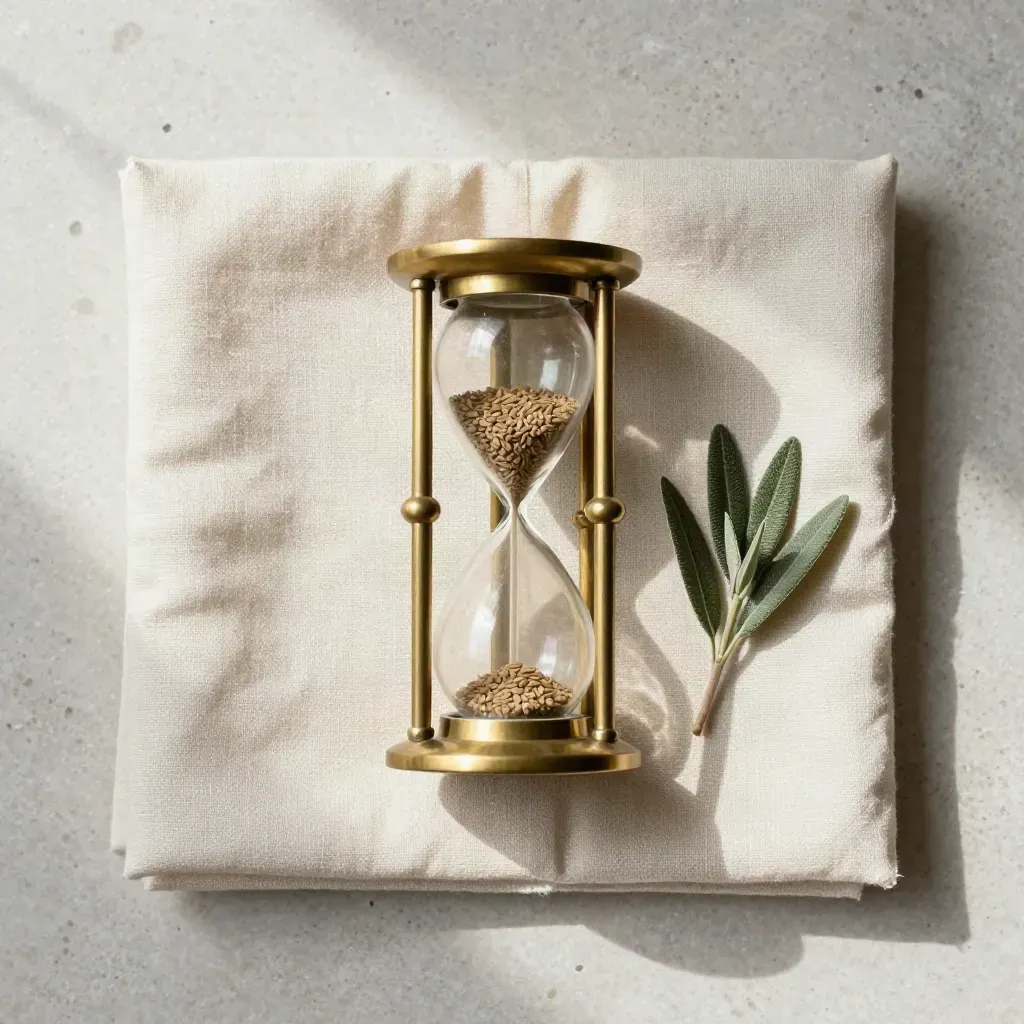 Brass hourglass with linen and olive sprig on pale stone for retirement planning.